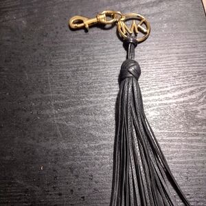 Michael Kors Black Leather Tassel Keychain with Gold Accent
